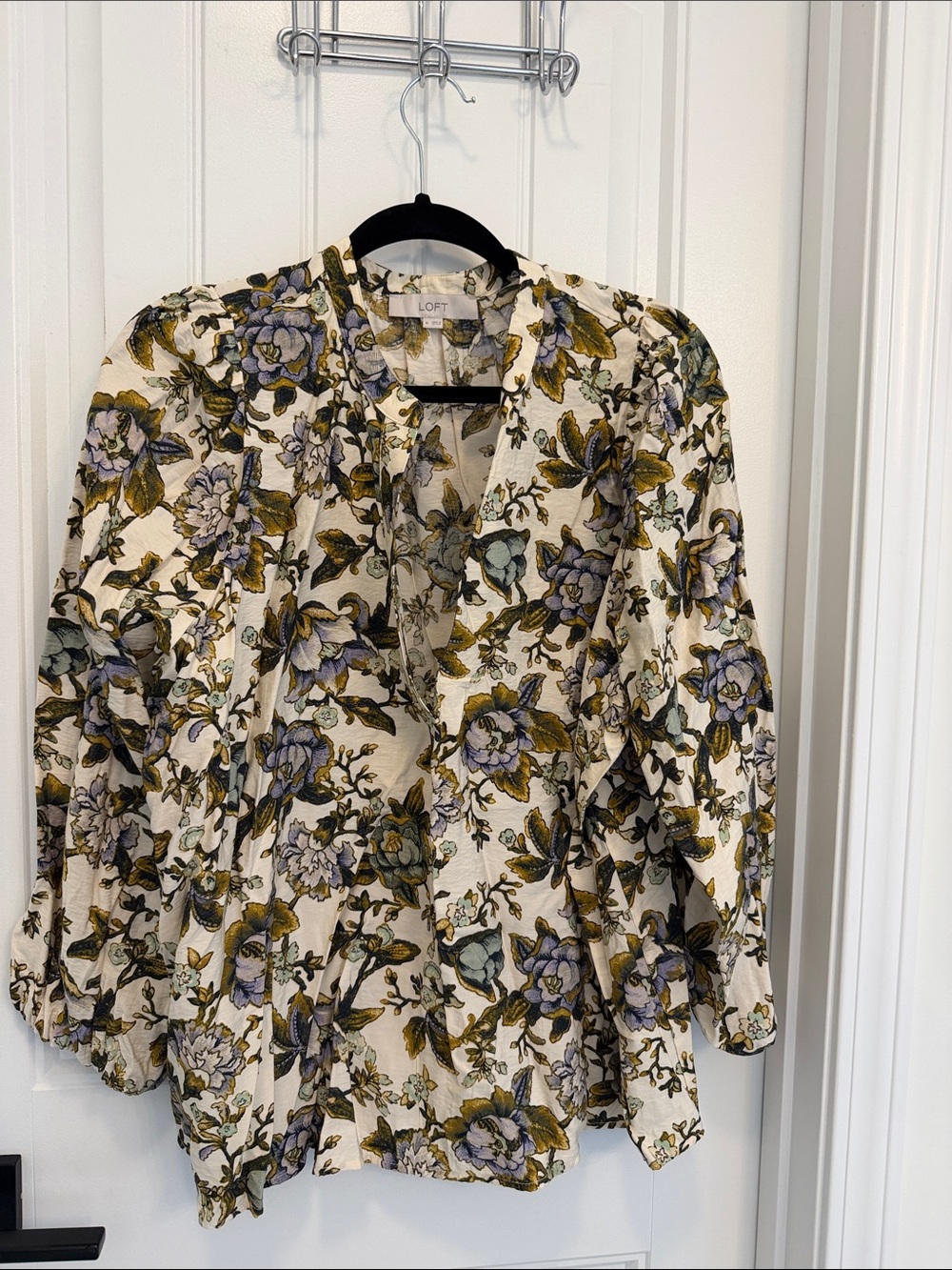 LOFT Cream Floral Blouse with Olive and Lavender Print